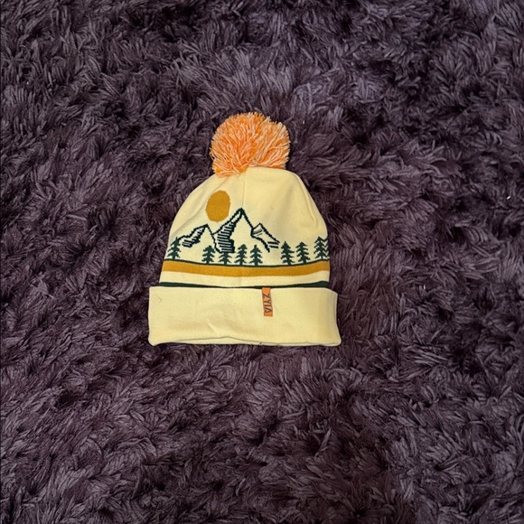 Zyia Active Accessories - Cozy Yellow Beanie with Pom Pom and Mountain Design